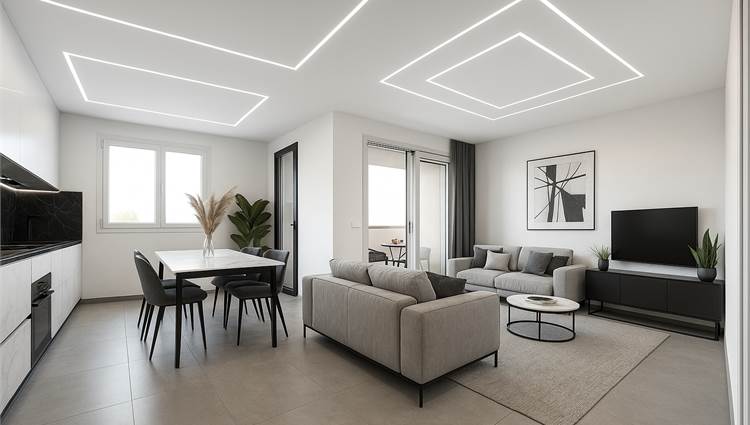 soggiorno e cucina arredati